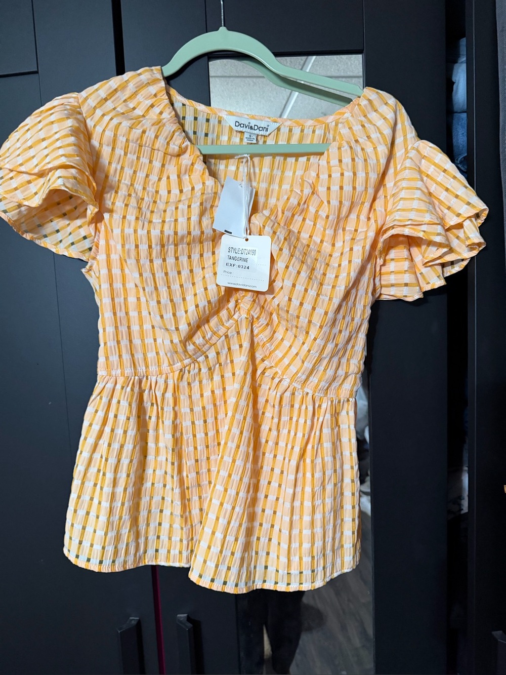 DAVI & DANI Yellow Gingham Peplum Puff Sleeve Top